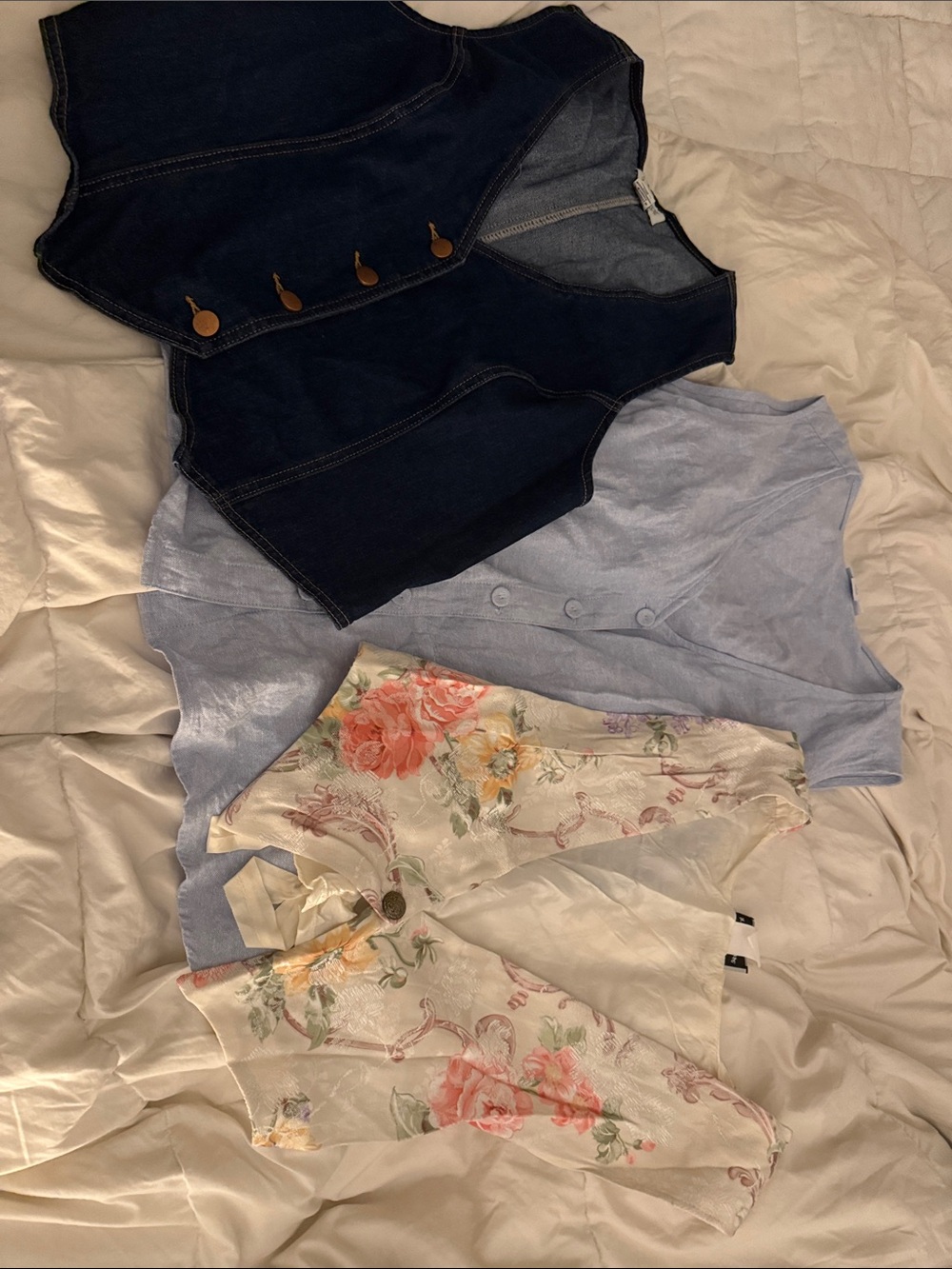 Denim Vest, Light Blue Top & Floral Scarves Bundle